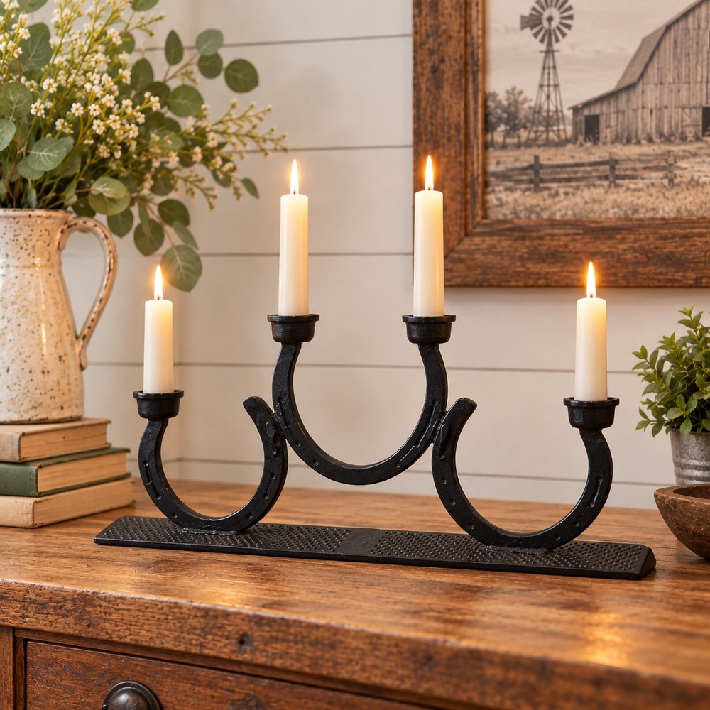Vintage Nicholson Hand Forged Horseshoe Candlestick Holder Black Made in the USA